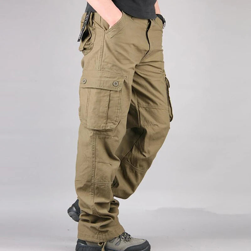 Calça casual masculina com vários bolsos, calça reta solta, outwear esportivo longo, tamanho grande 44, na moda