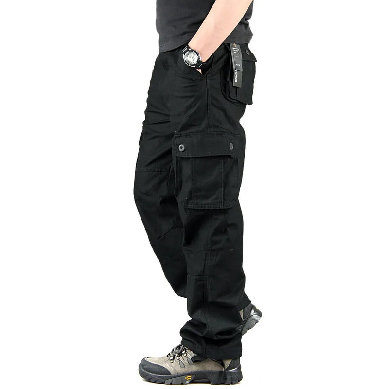 Calça casual masculina com vários bolsos, calça reta solta, outwear esportivo longo, tamanho grande 44, na moda