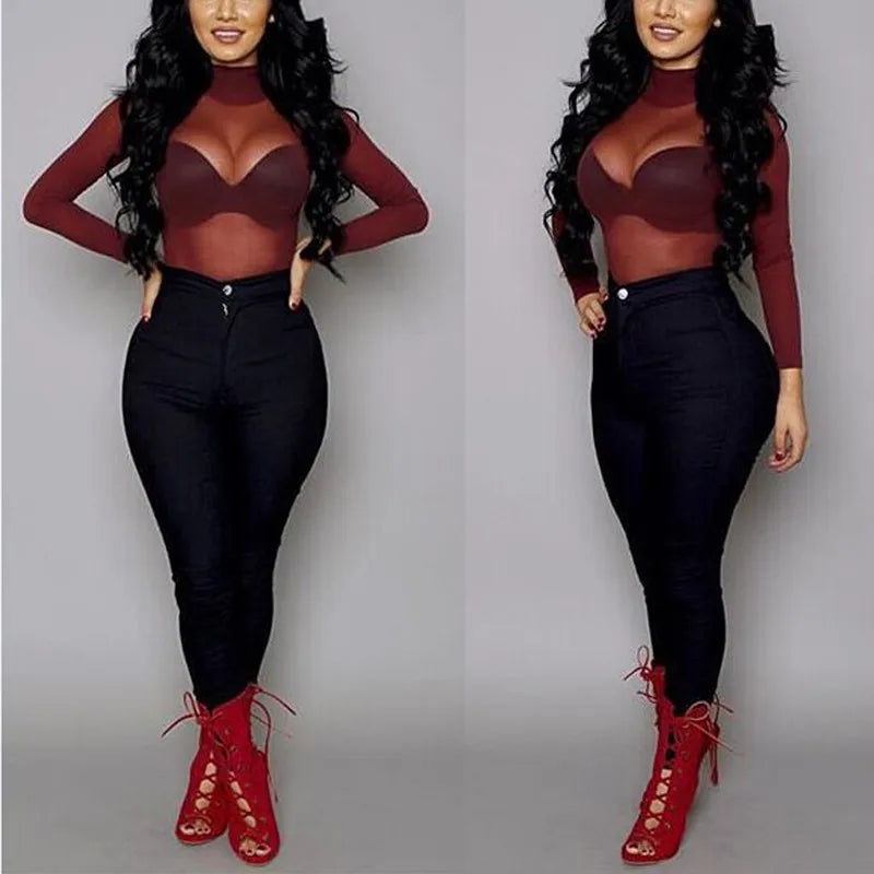 Camiseta feminina sexy ver através de malha transparente topos manga longa pura magro senhoras gola alta camiseta