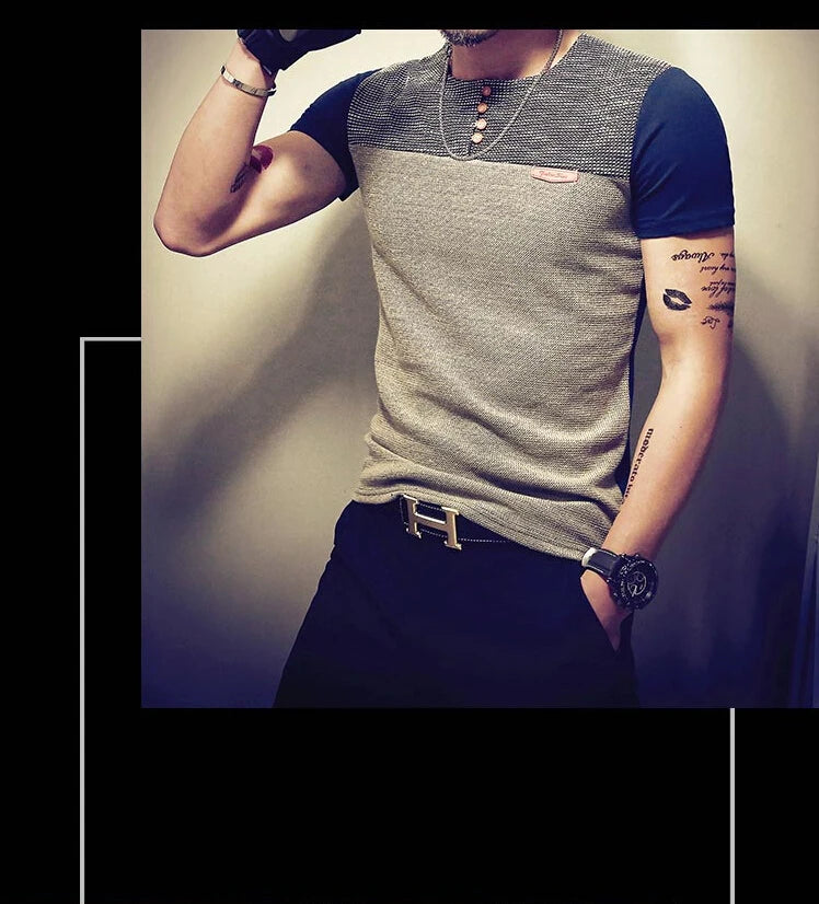 Moda verão masculina t camisa casual retalhos manga curta t camisa roupas masculinas tendência casual fino ajuste hip-hop topo t 5xl