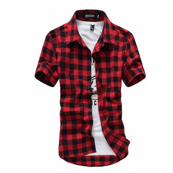 Camisa xadrez vermelha e preta camisas masculinas 2025 nova moda verão chemise homme camisas xadrez dos homens camisa de manga curta blusa masculina