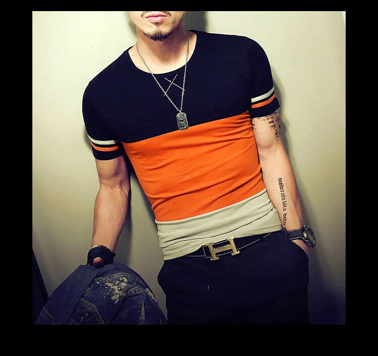 Moda verão masculina t camisa casual retalhos manga curta t camisa roupas masculinas tendência casual fino ajuste hip-hop topo t 5xl