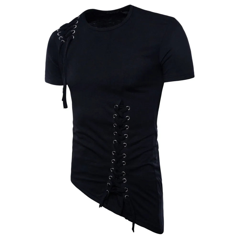 Homens design irregular hip hop punk t camisa topos laço fino ajuste camisetas masculinas estilo gótico camisetas boate palco traje