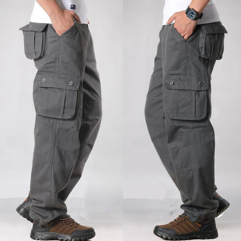 Calça casual masculina com vários bolsos, calça reta solta, outwear esportivo longo, tamanho grande 44, na moda