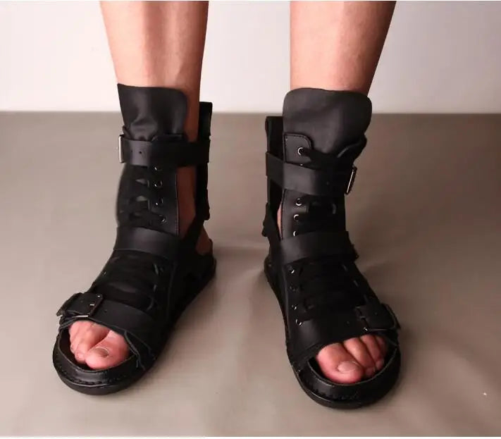 Tuziblobo sandálias masculinas de couro legítimo, roma, sapatos preto, sandálias gladiador, high-top, chinelos de verão para homens