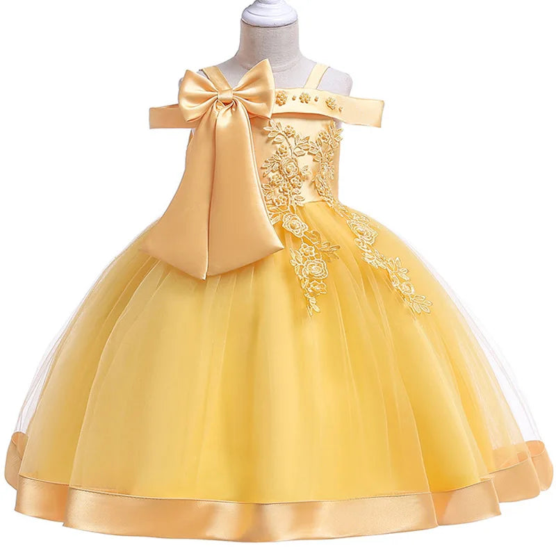 Apliques Femininos Flor Elegante Vestido de Noiva com Laço, Vestidos de Festa de Natal Infantil, 3 a 10 anos