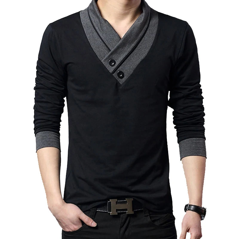 Camiseta Masculina Slim Fit de Manga Longa com Gola em Patchwork e Decote V, Tendência de Moda 2026, Camiseta de Algodão Plus Size 5XL