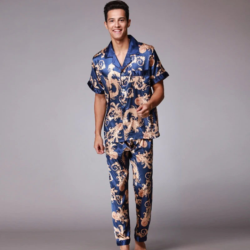 Conjunto de pijama de seda cetim estampado masculino, mangas curtas, calças compridas, pijamas masculinos, loungewear verão, outono, SSH021