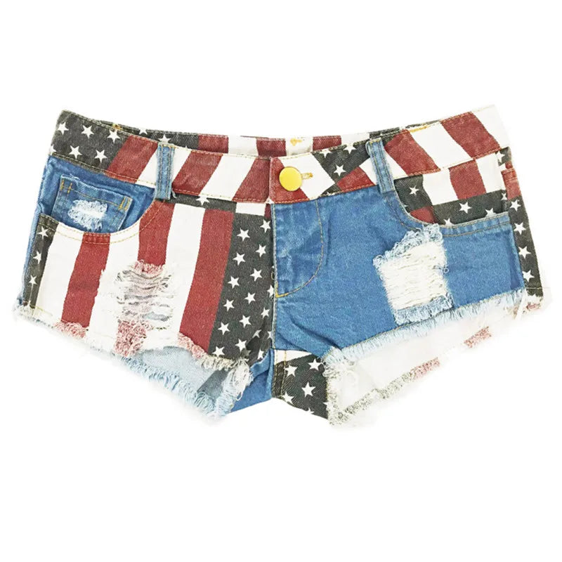 Meados de cintura jeans shorts 2021 feminino nova moda eua bandeira impressa denim pólo dança magro buraco quente calças curtas S-XXL