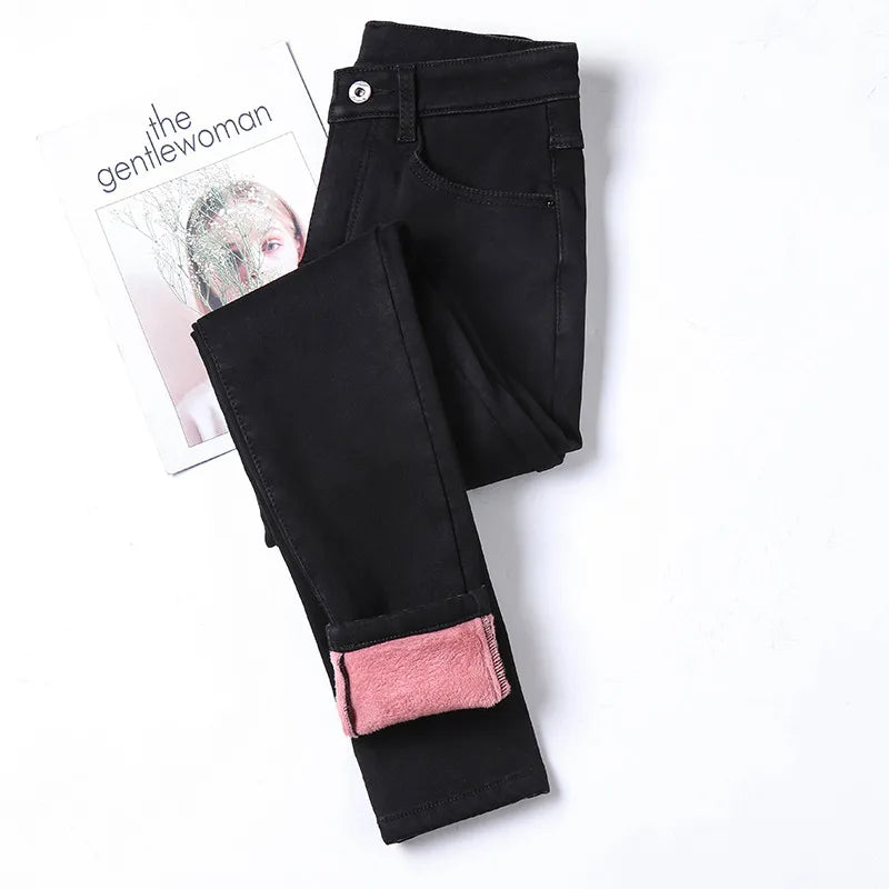 Inverno grosso feminino quente jeans magros simples estiramento veludo velo feminino cintura alta denim lápis calças roupas 36 38 40