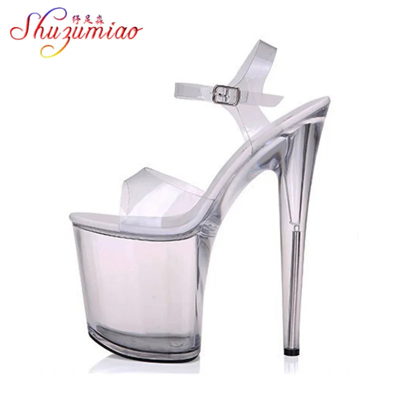 Sandálias de dança de tubo de aço feminino qualidade salto ultra-alto 9-20cm transparente cristal senhora sapatos modelo passarela grande quintal