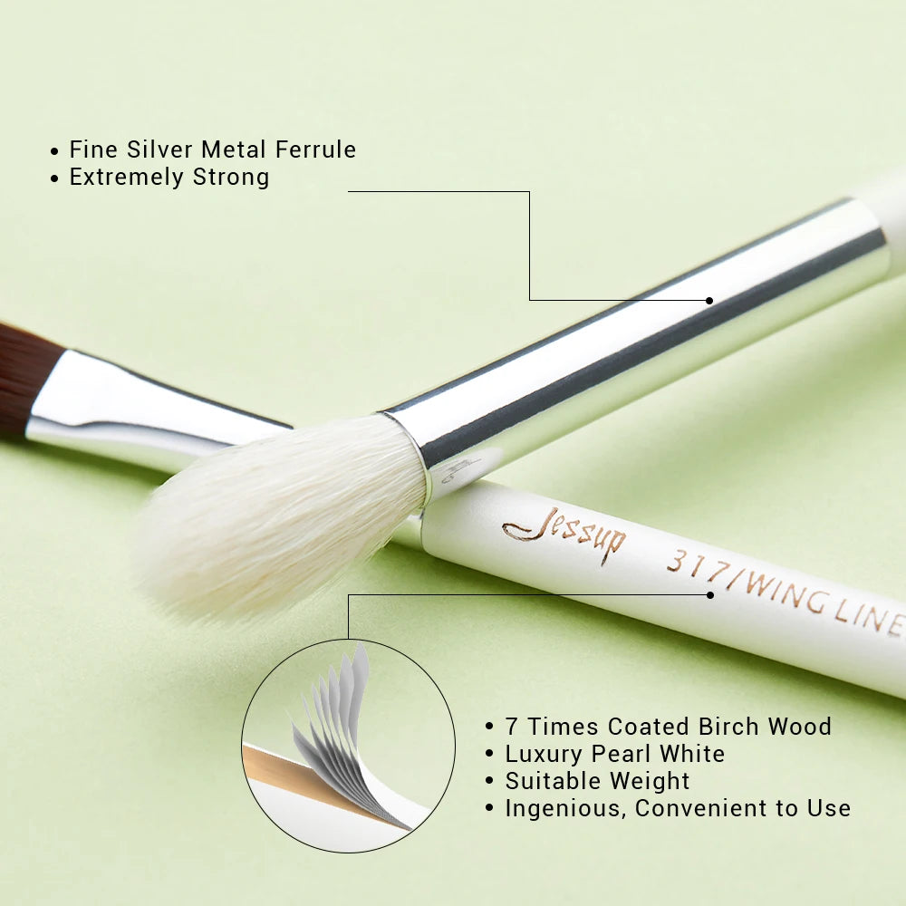 Jessup-profissional pincéis de maquiagem conjunto, 15pcs, pérola, branco, prata, kit de ferramentas, delineador, shader, cabelo sintético natural