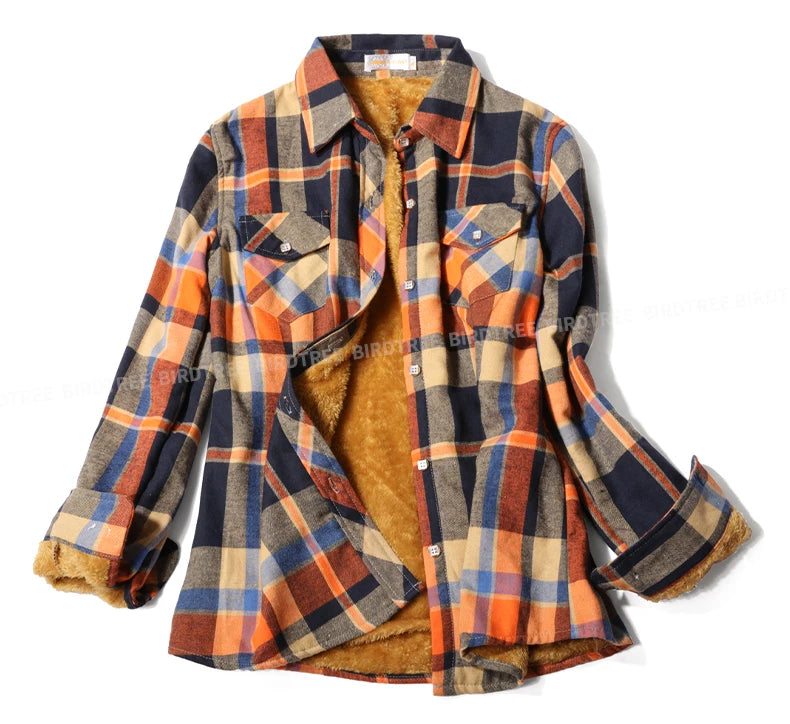 Camisa Xadrez Feminina de Veludo Grossa e Quente, Blusa Casual de Manga Longa com Forro de Lã para Inverno, Tamanhos M-5XL, Roupa de Outono T77710A