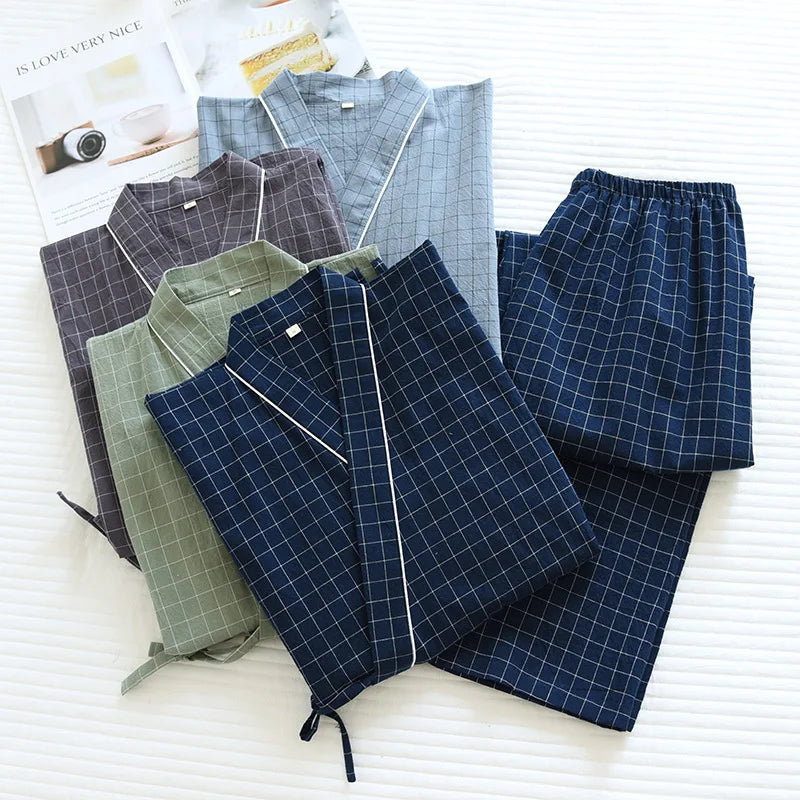 Pijama quimono xadrez e xadrez para casal, pijama de algodão lavado com decote em v, roupas de dormir de três quartos, fino para homens e mulheres, 2 peças