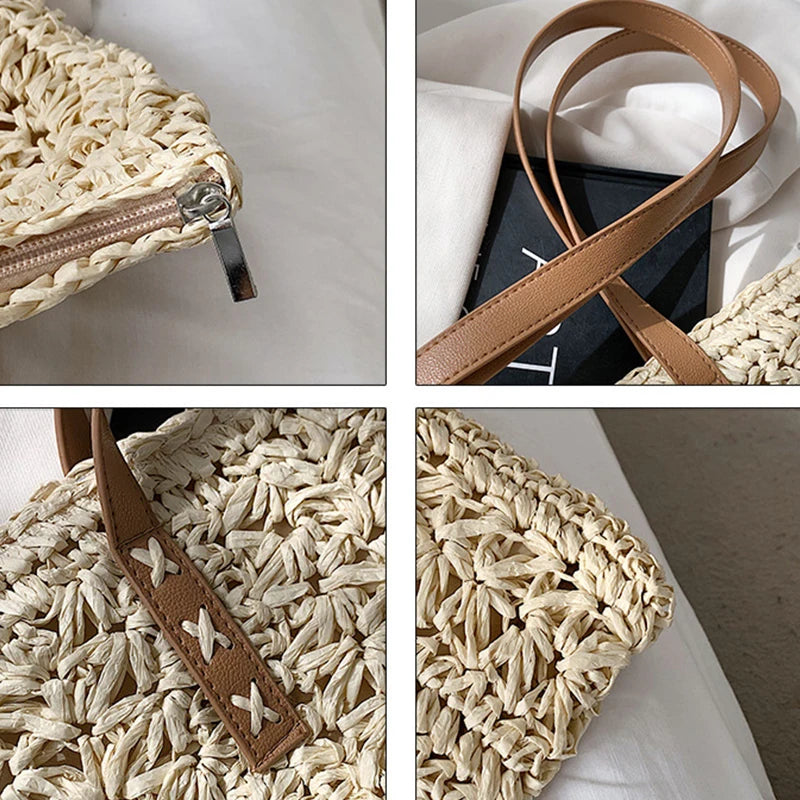 Bolsa de praia de palha oca quadrada artesanal tecido bolsa de ombro ráfia rattan compras saco de viagem boêmio férias de verão casual tote