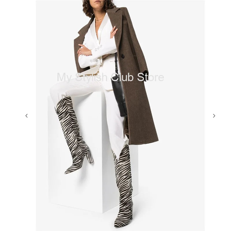 Zebra padrão joelho botas altas mulheres imitação de cabelo de cavalo botas de camurça 11 cm botas de salto redondo primavera outono nova chegada botas altas