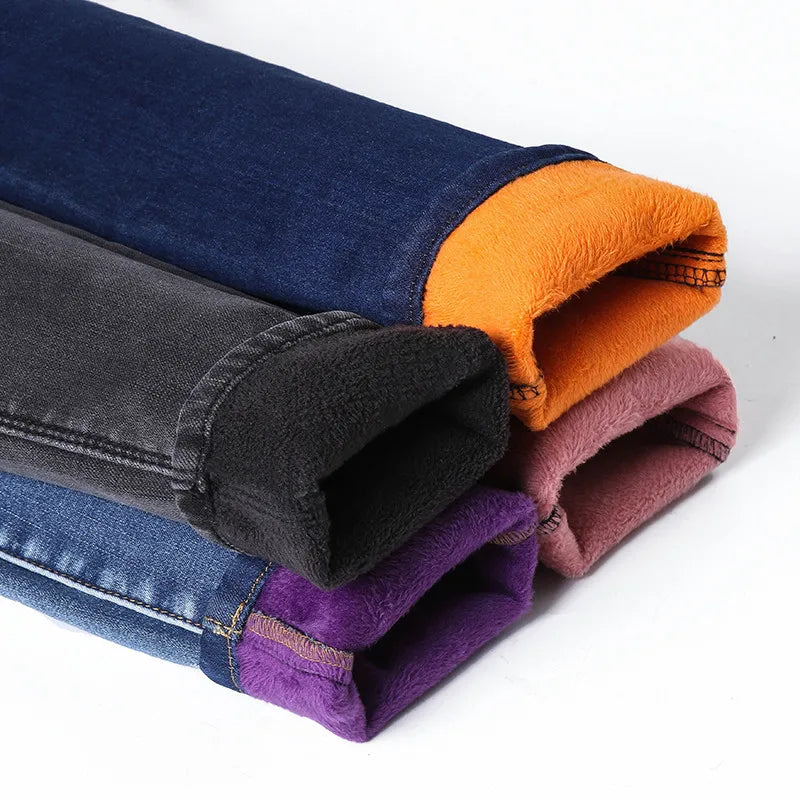 Inverno grosso feminino quente jeans magros simples estiramento veludo velo feminino cintura alta denim lápis calças roupas 36 38 40