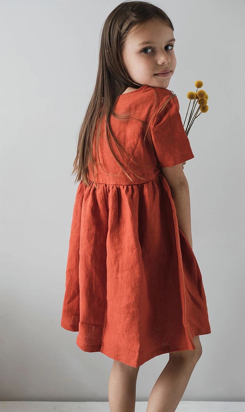Vestido Mori de Linho para Meninas 2026 Verão Nova Roupa Infantil Vestidos de Princesa de Manga Curta em Algodão e Linho TZ30