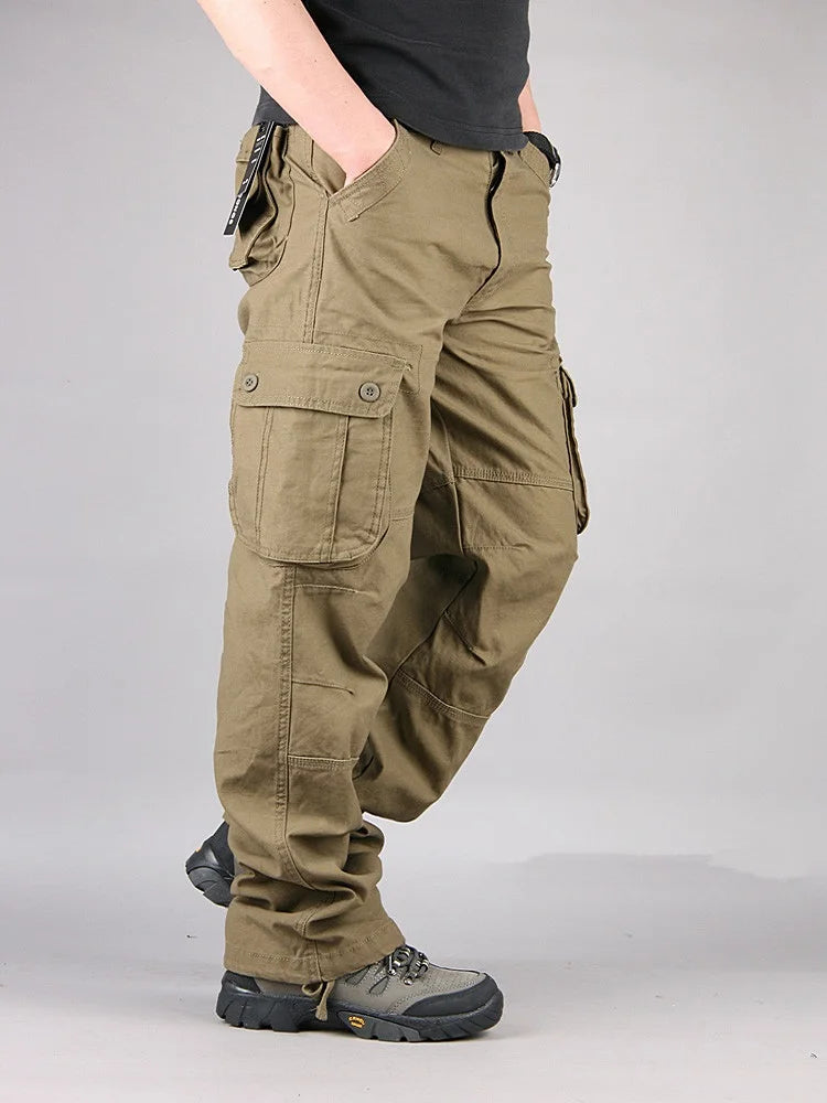 Calças de carga masculinas de algodão casual multi bolsos calças de trabalho tático outerwear calças retas calças compridas para roupas masculinas