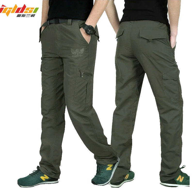 Calças de carga respirável impermeáveis masculinas, calças compridas masculinas, corredores de bolsos do exército, casual, verão, plus size, 4XL