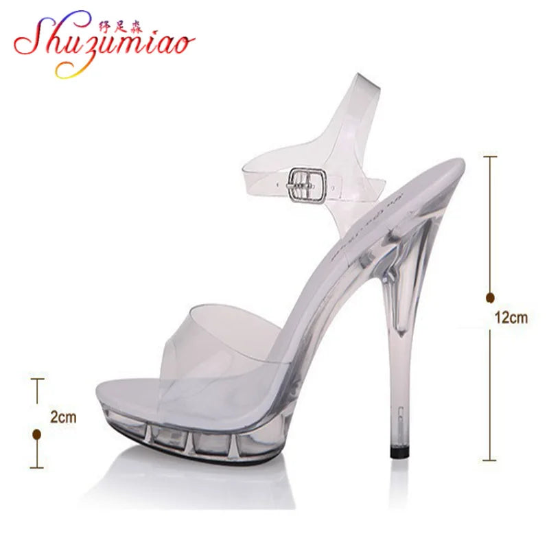 Sandálias de dança de tubo de aço feminino qualidade salto ultra-alto 9-20cm transparente cristal senhora sapatos modelo passarela grande quintal