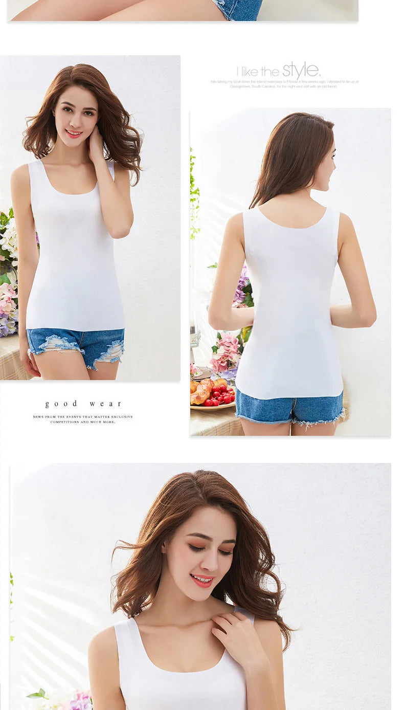 Camisetas Sem Costura de Alta Qualidade para Mulheres, Tops de Modal Macio, Camisetas Sem Mangas Brancas, Tops Sem Marcas