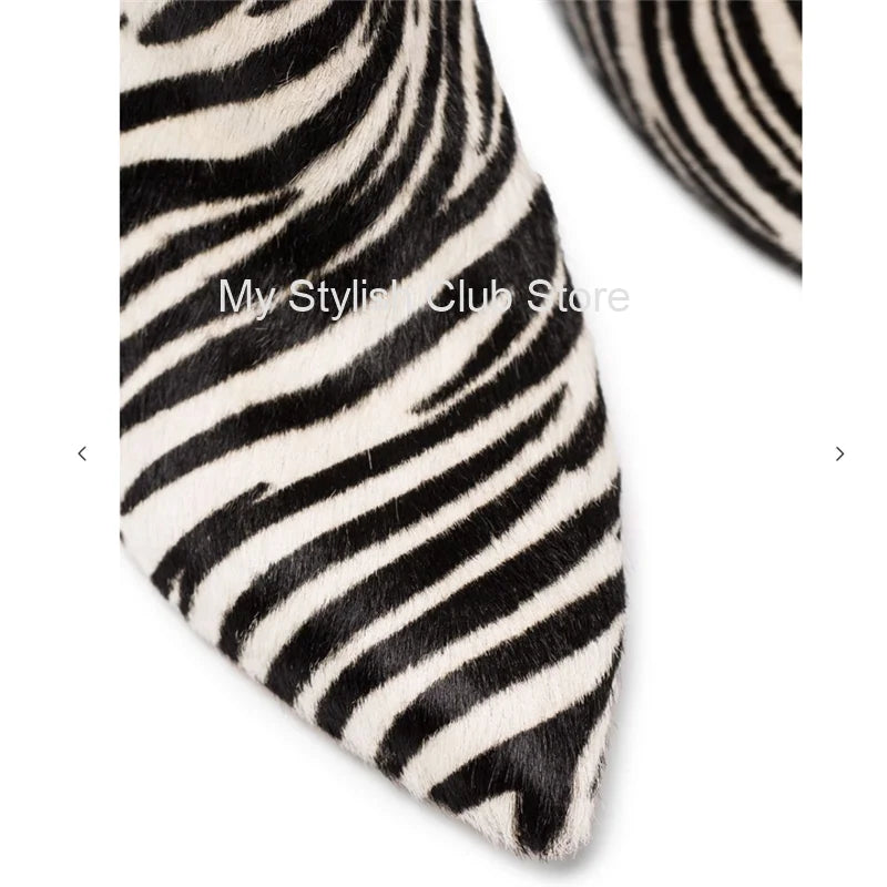 Zebra padrão joelho botas altas mulheres imitação de cabelo de cavalo botas de camurça 11 cm botas de salto redondo primavera outono nova chegada botas altas