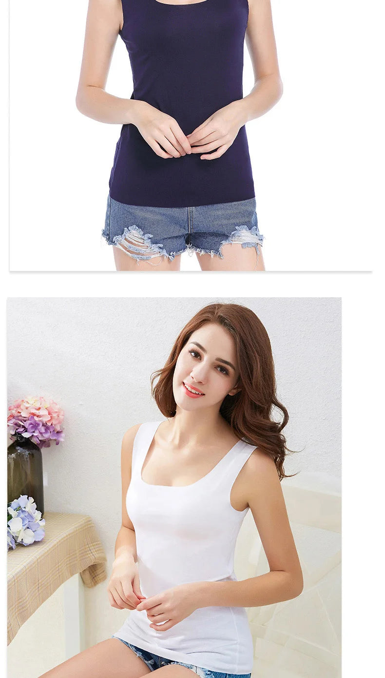 Camisetas Sem Costura de Alta Qualidade para Mulheres, Tops de Modal Macio, Camisetas Sem Mangas Brancas, Tops Sem Marcas