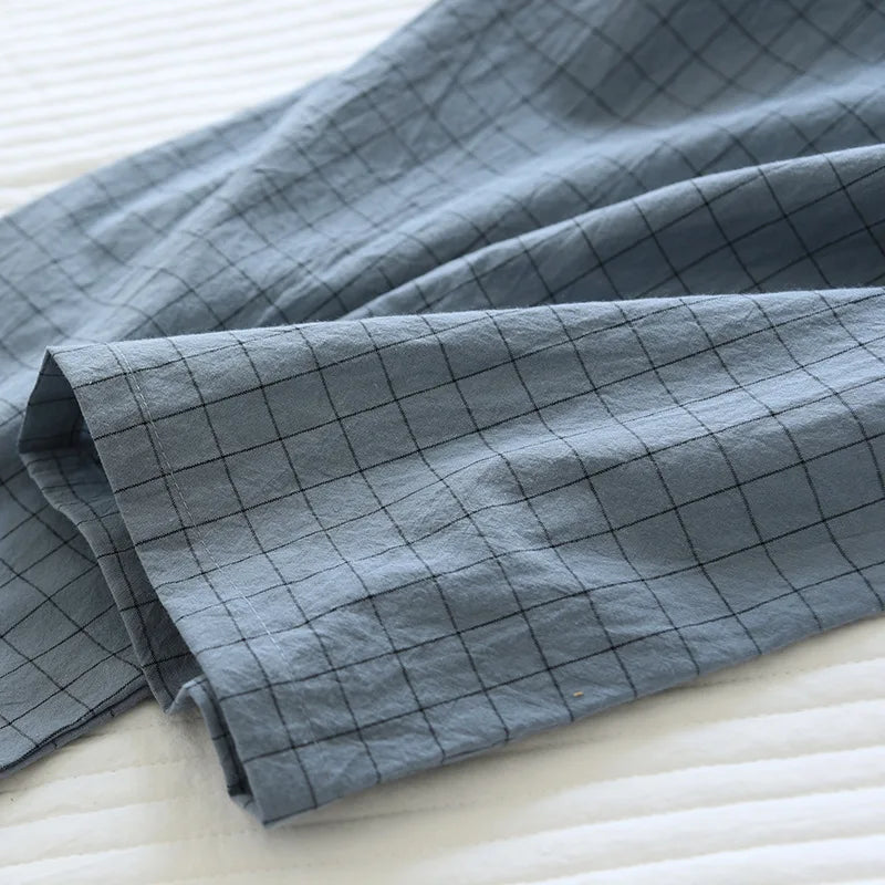 Pijama quimono xadrez e xadrez para casal, pijama de algodão lavado com decote em v, roupas de dormir de três quartos, fino para homens e mulheres, 2 peças