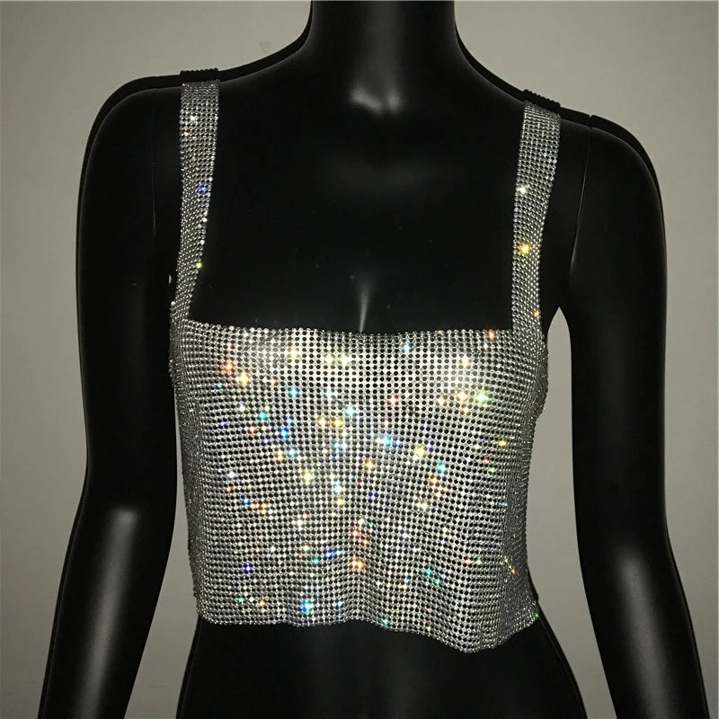 2025 glitter boate sem costas strass regata feminina sexy metal cristal diamantes lantejoulas noite clube festa wear topo de colheita