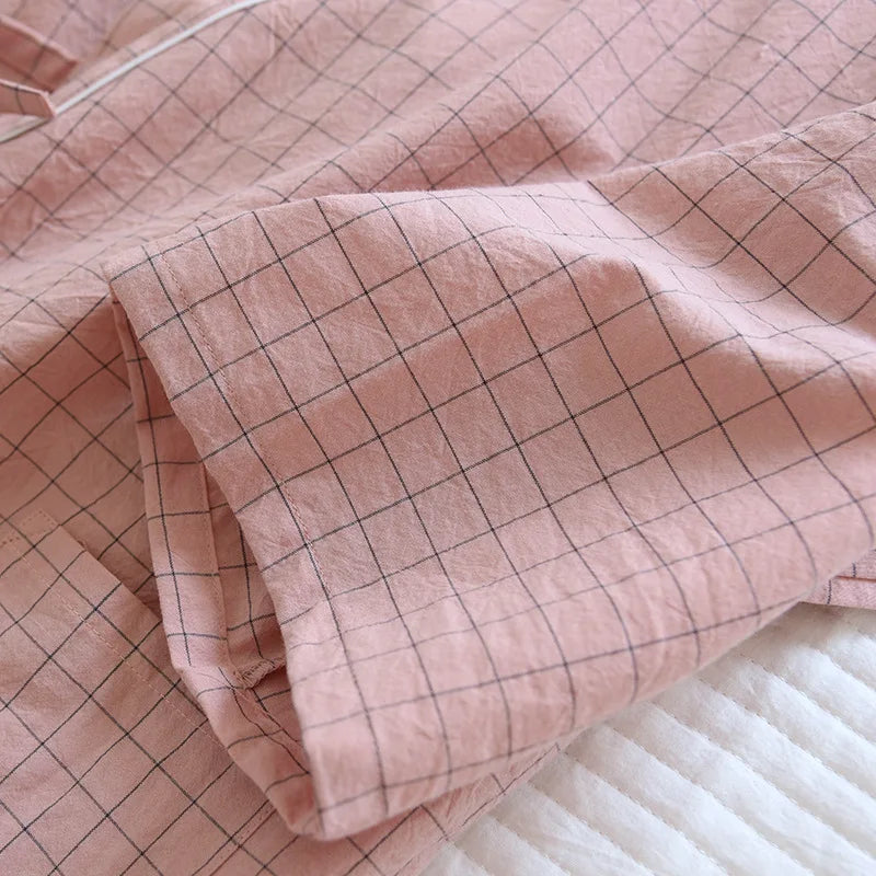 Pijama quimono xadrez e xadrez para casal, pijama de algodão lavado com decote em v, roupas de dormir de três quartos, fino para homens e mulheres, 2 peças