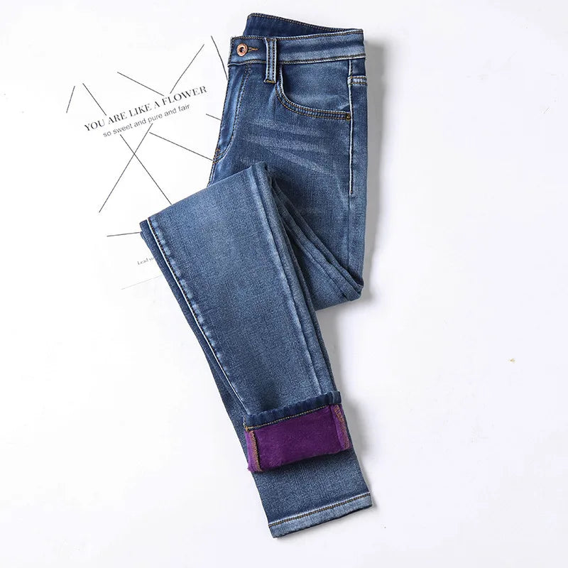 Inverno grosso feminino quente jeans magros simples estiramento veludo velo feminino cintura alta denim lápis calças roupas 36 38 40