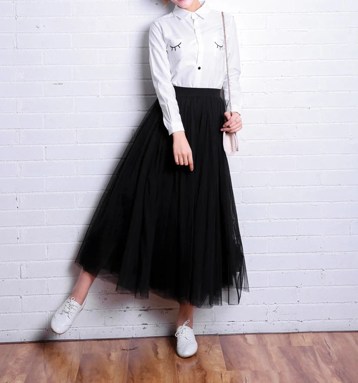 Maxi Longa Saia de Tule Mulheres 2024 Outono Inverno Elástico Cintura Alta Vestido de Bola Saia Feminino Adulto Tutu Saia Jupe Longue