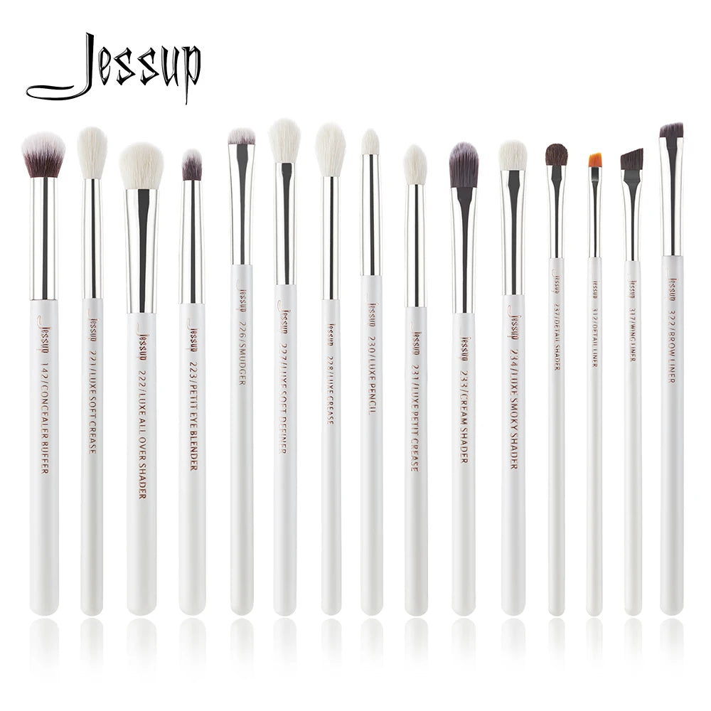 Jessup-profissional pincéis de maquiagem conjunto, 15pcs, pérola, branco, prata, kit de ferramentas, delineador, shader, cabelo sintético natural