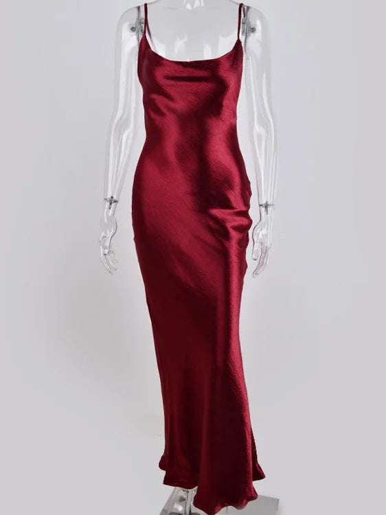 Vestido Longo JULISSA MO Sexy com Alças Finas e Costas Abertas, Vestido de Noite em Cetim com Amarração, Vestido de Festa Elegante Justo ao Corpo 2026