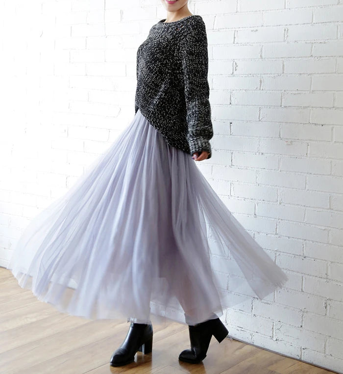 Maxi Longa Saia de Tule Mulheres 2024 Outono Inverno Elástico Cintura Alta Vestido de Bola Saia Feminino Adulto Tutu Saia Jupe Longue