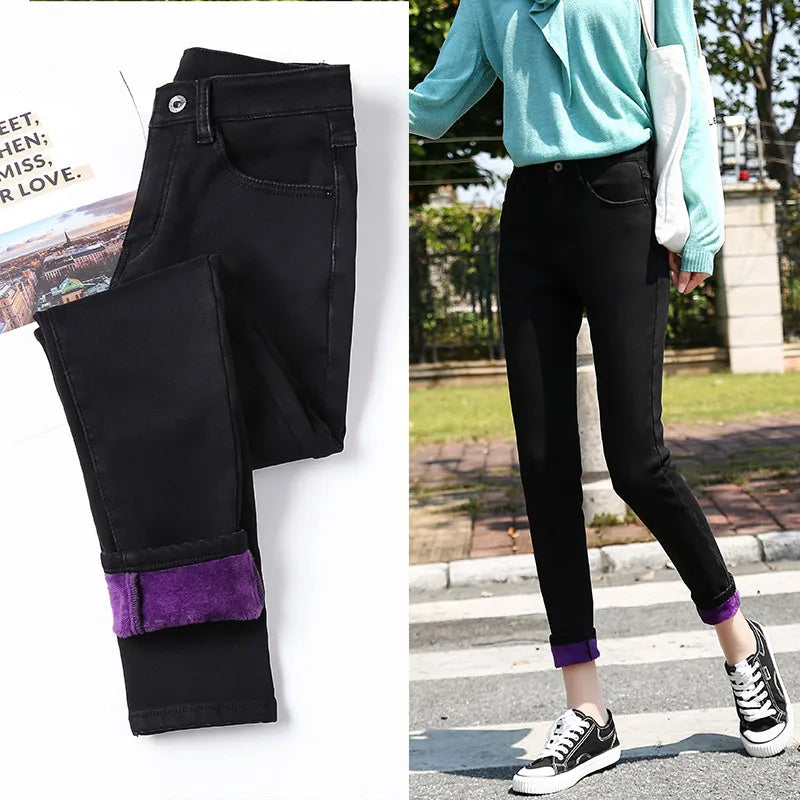 Inverno grosso feminino quente jeans magros simples estiramento veludo velo feminino cintura alta denim lápis calças roupas 36 38 40