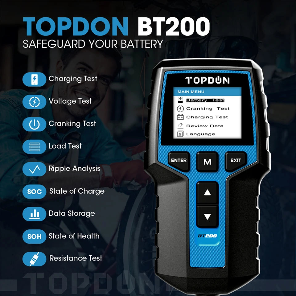 Topdon bt200 testador de bateria portátil ferramentas de teste de partida de carregamento para carro 12v monitor de bateria de diagnóstico automotivo 100-2000cca