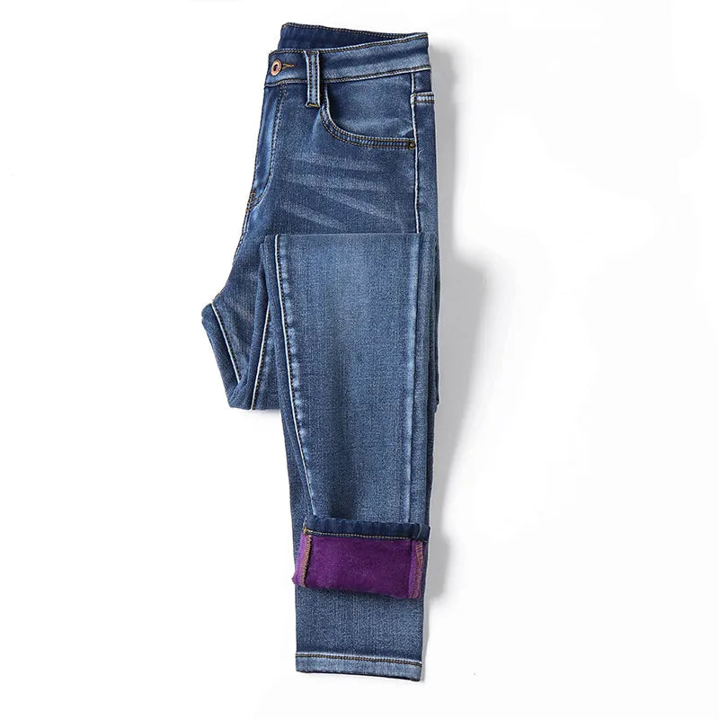 Inverno grosso feminino quente jeans magros simples estiramento veludo velo feminino cintura alta denim lápis calças roupas 36 38 40