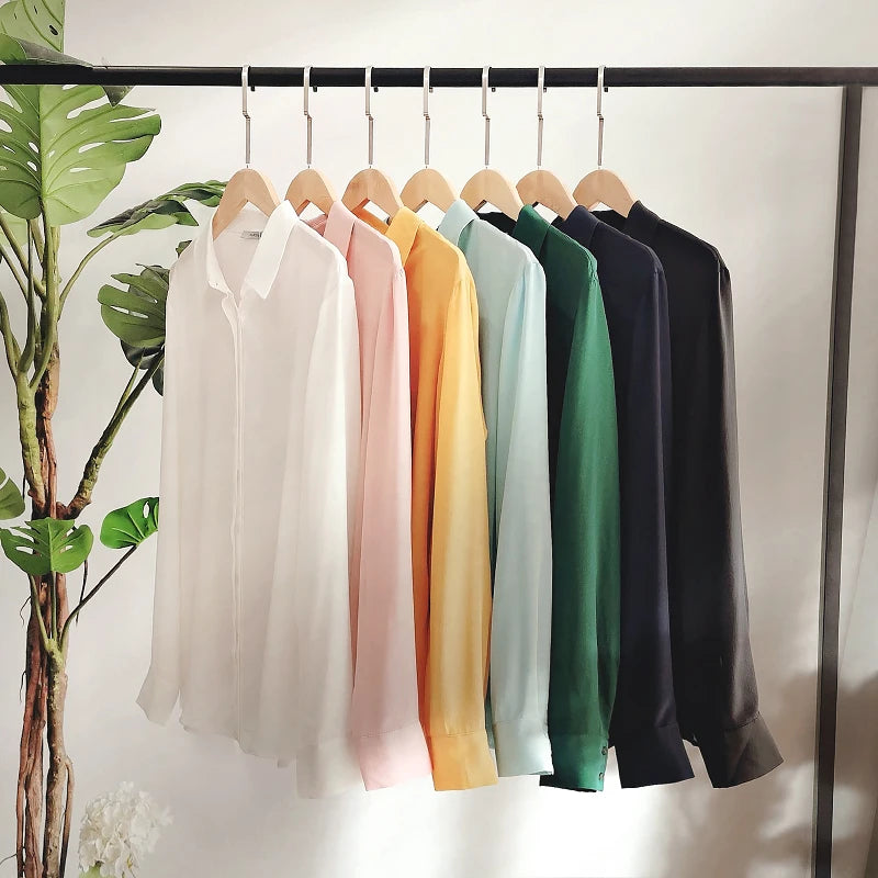 Suyadream camisas femininas de seda 100% seda real sólida manga comprida botão chique blusas 2025 primavera verão escritório senhora topo branco