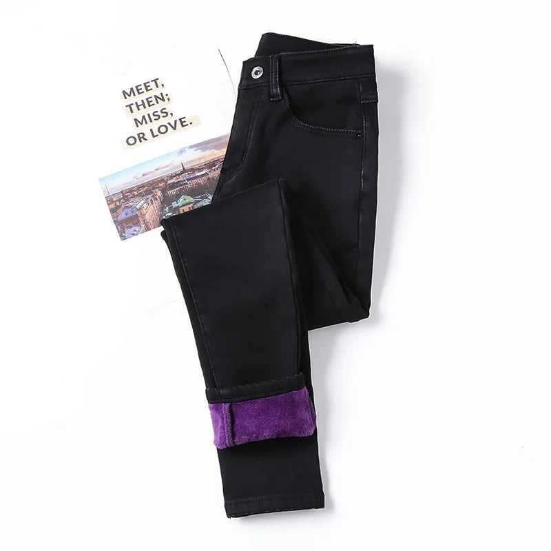 Inverno grosso feminino quente jeans magros simples estiramento veludo velo feminino cintura alta denim lápis calças roupas 36 38 40