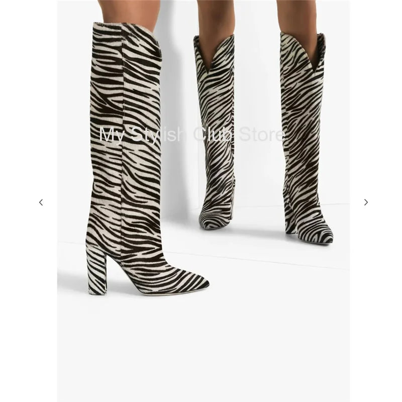 Zebra padrão joelho botas altas mulheres imitação de cabelo de cavalo botas de camurça 11 cm botas de salto redondo primavera outono nova chegada botas altas