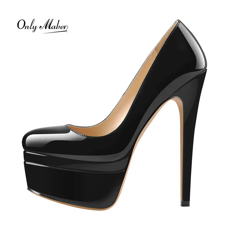 Onlymaker feminino dedo do pé redondo plataforma dupla bombas super salto alto deslizamento em sapatos de festa de casamento stiletto saltos tamanhos grandes