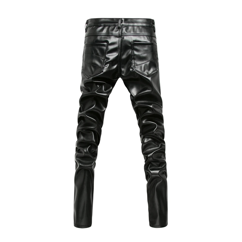 Novo inverno dos homens magro motociclista calças de couro do plutônio alta rua moda motocicleta para masculino palco club wear