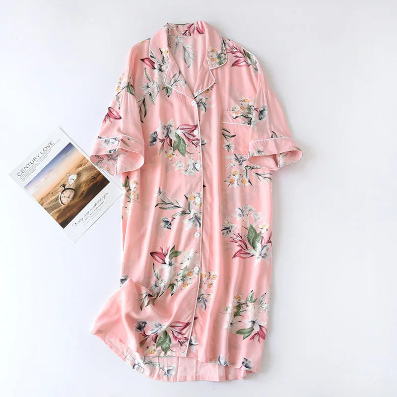 Verão outono casual noite feminina manga curta flor camisola solta sleepwear 100% viscose sleepwear para mulher