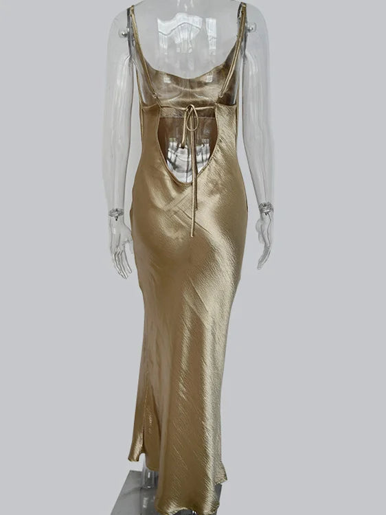 Vestido Longo JULISSA MO Sexy com Alças Finas e Costas Abertas, Vestido de Noite em Cetim com Amarração, Vestido de Festa Elegante Justo ao Corpo 2026