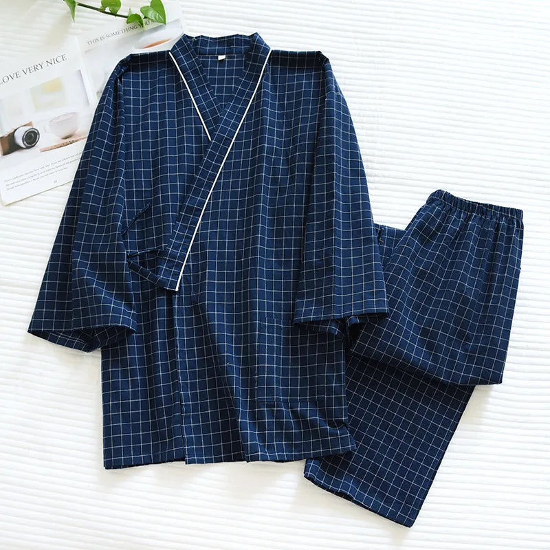 Pijama quimono xadrez e xadrez para casal, pijama de algodão lavado com decote em v, roupas de dormir de três quartos, fino para homens e mulheres, 2 peças