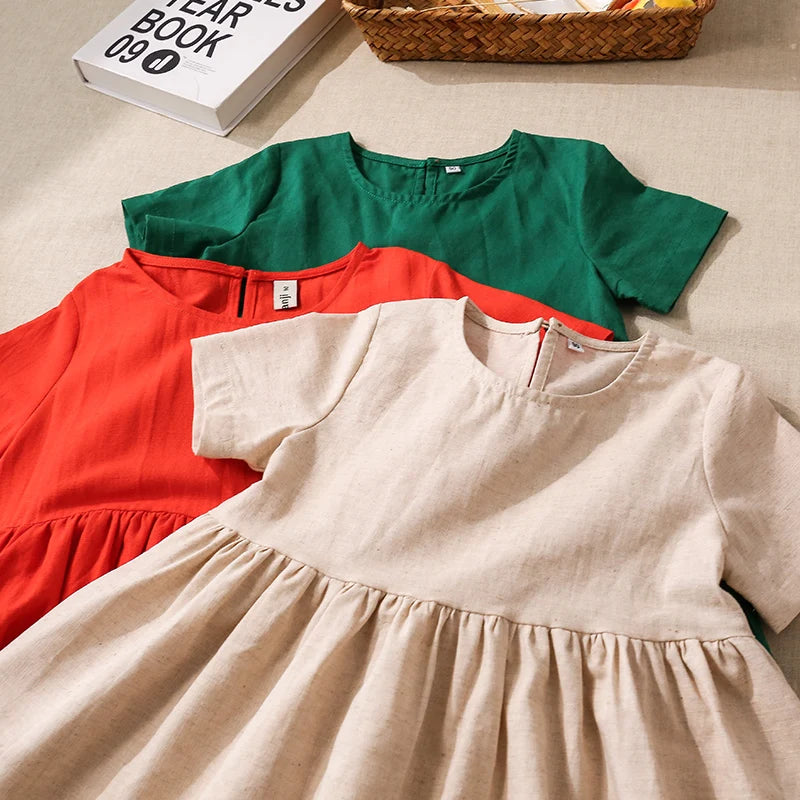 Vestido Mori de Linho para Meninas 2026 Verão Nova Roupa Infantil Vestidos de Princesa de Manga Curta em Algodão e Linho TZ30