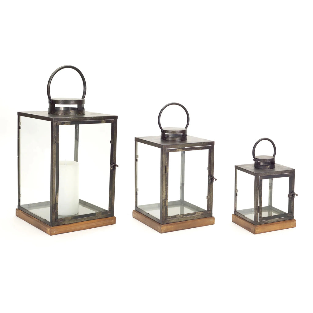 Set of Three Distressed Geometric HMS Floor Lanterns Gray and Brown Glass Metal Wood with Candle Holders