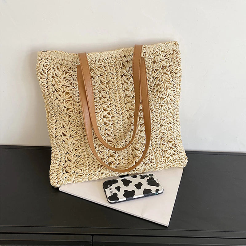 Bolsa de praia de palha oca quadrada artesanal tecido bolsa de ombro ráfia rattan compras saco de viagem boêmio férias de verão casual tote